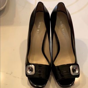 Size 5 4” black open toe platform heels nine west